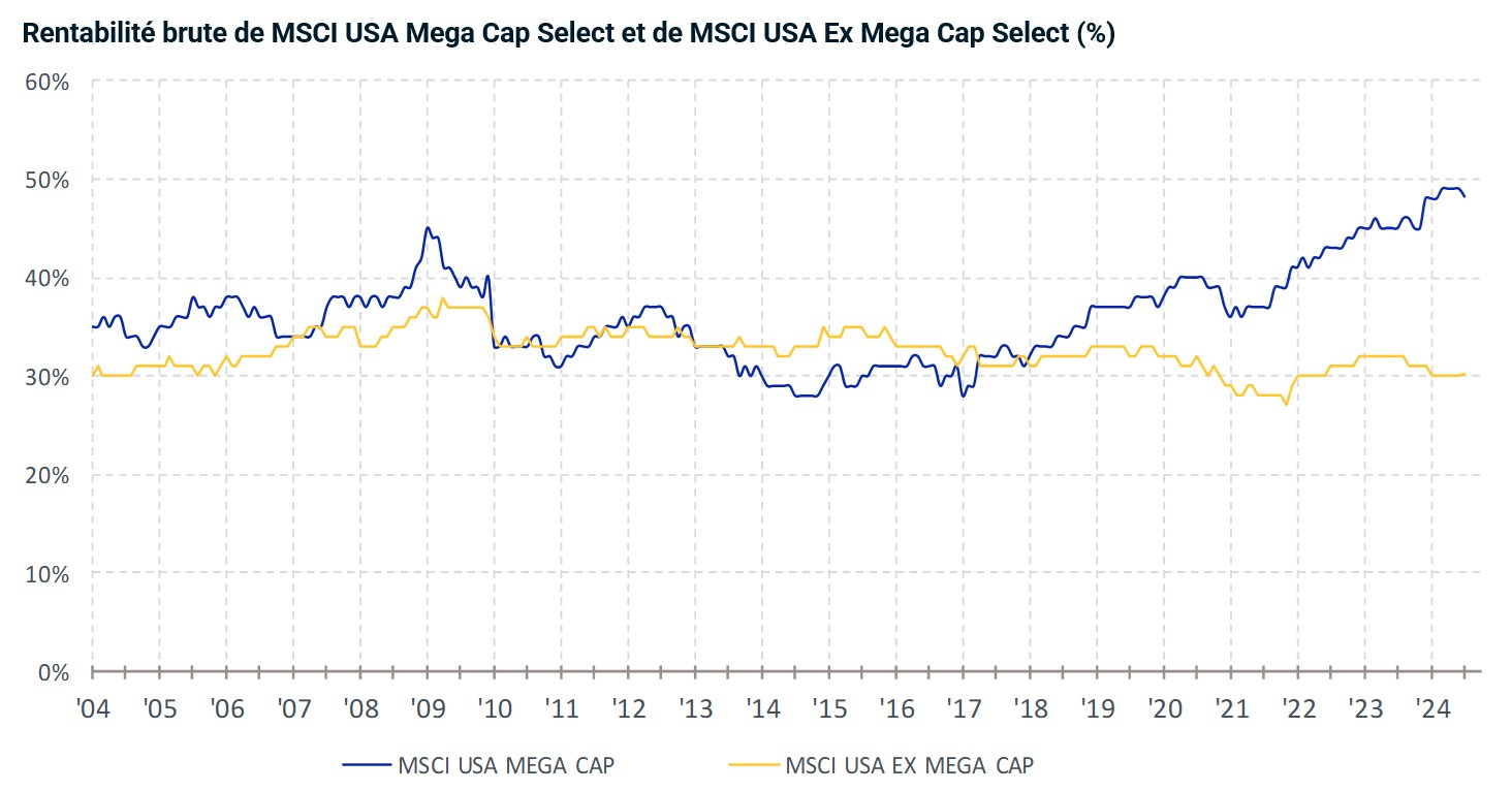 Rentabilité brute de MSIC USA Mega Cap Select et de MSCI USA Ex Mega Cap Select (%)